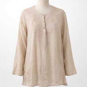 Cotton Gauze Embroidered Henley Tunic Sz M Tan Indie Sleaze Coastal Lightweight
